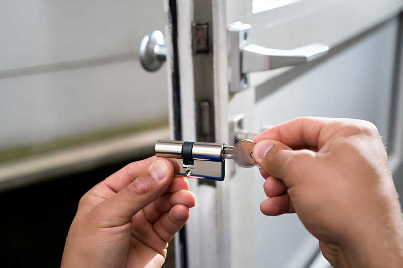 Hands inserting a key into a high-security lock cylinder on a door, illustrating commercial locksmith services and security solutions by Tiger Locksmith.