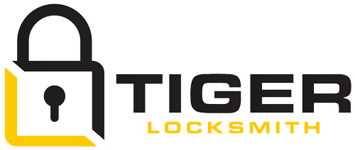 Tiger Locksmith logo featuring a padlock and bold typography, representing 24/7 locksmith services for residential, commercial, and automotive needs.