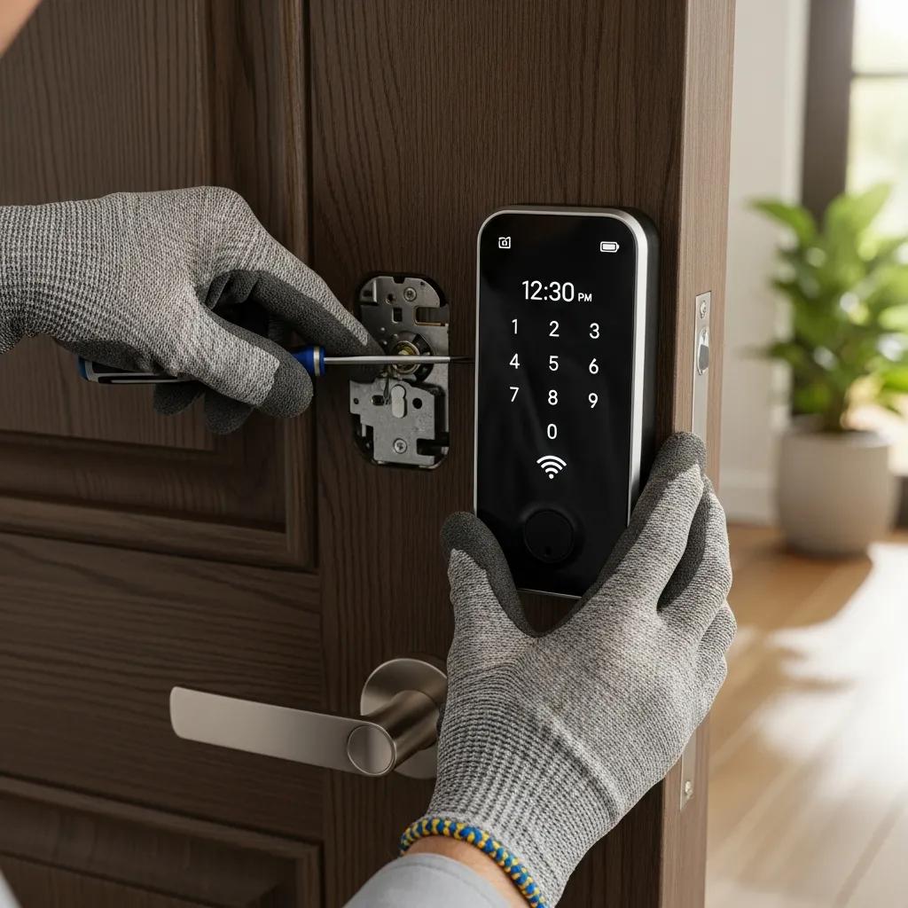 Certified locksmith fitting a smart lock on a Wilmington residence