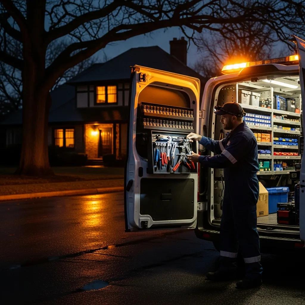 Emergency locksmith van parked at night ready to respond