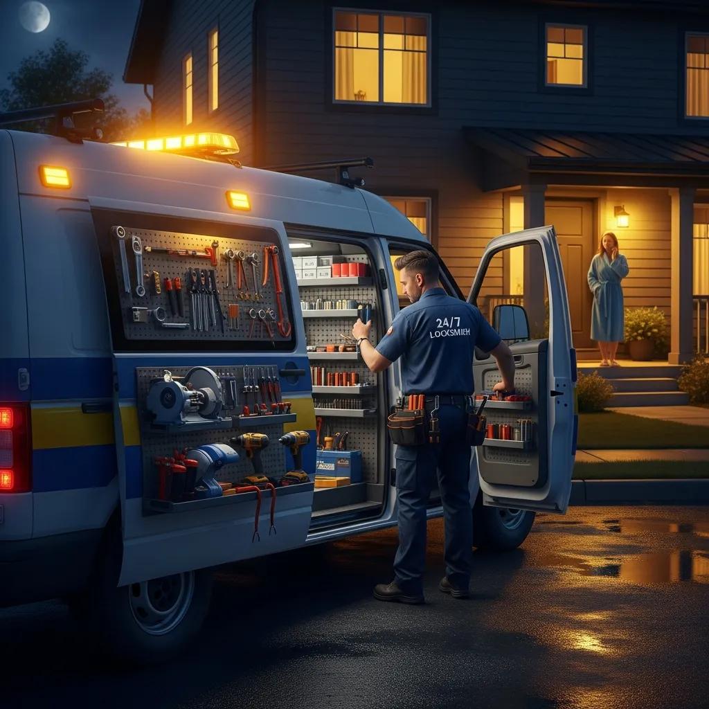 Emergency locksmith van parked and ready to assist a customer at night in Wilmington DE