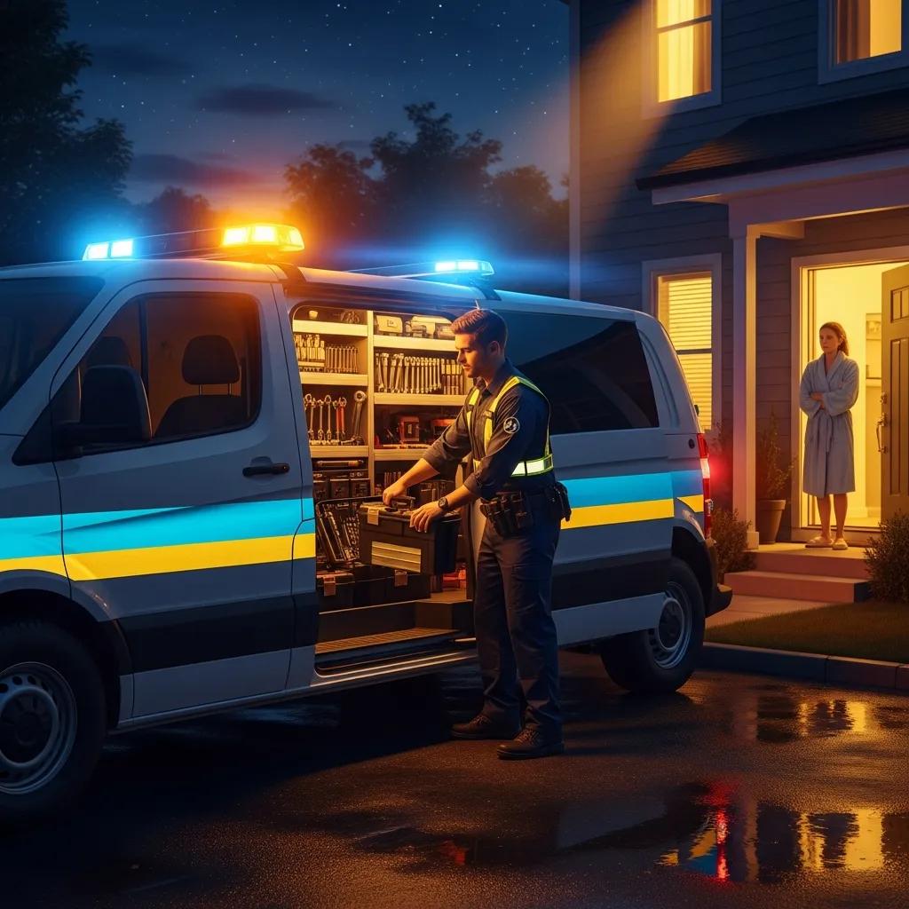 Emergency locksmith vehicle ready to assist a homeowner at night &mdash; urgent locksmith services