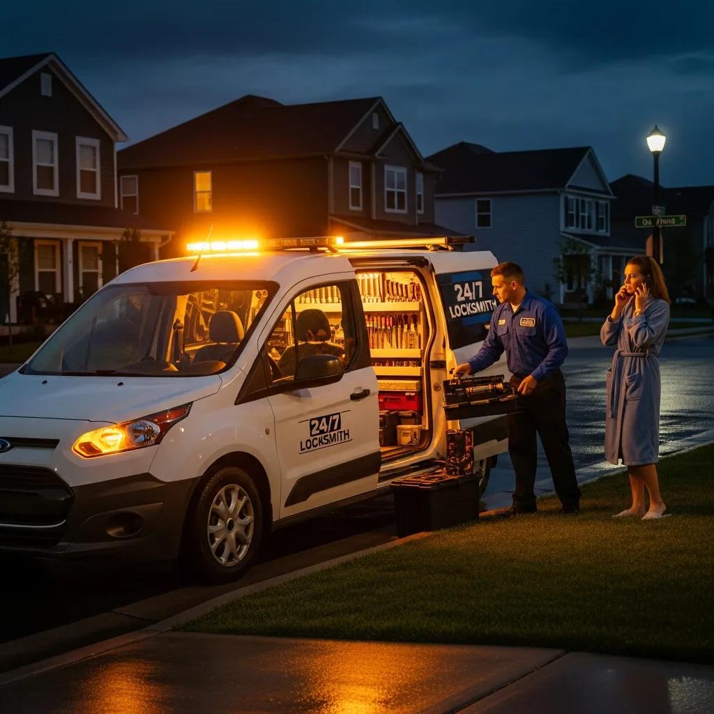 Emergency locksmith van with a technician preparing tools outside a home at night