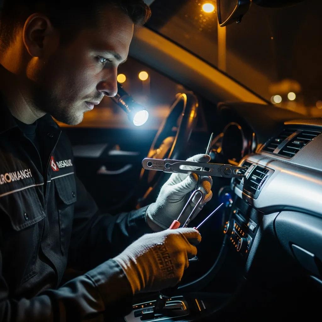 Locksmith performing non-destructive car unlocking at night using professional tools