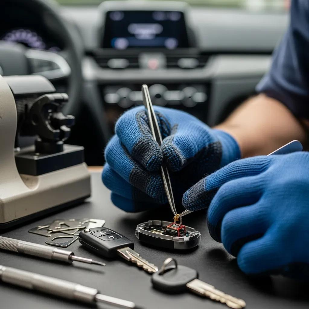 Locksmith programming a key fob and cutting a mechanical key