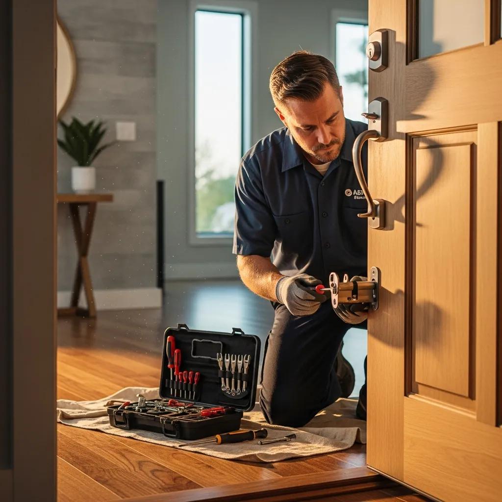 Professional locksmith installing a high-security deadbolt in a modern home