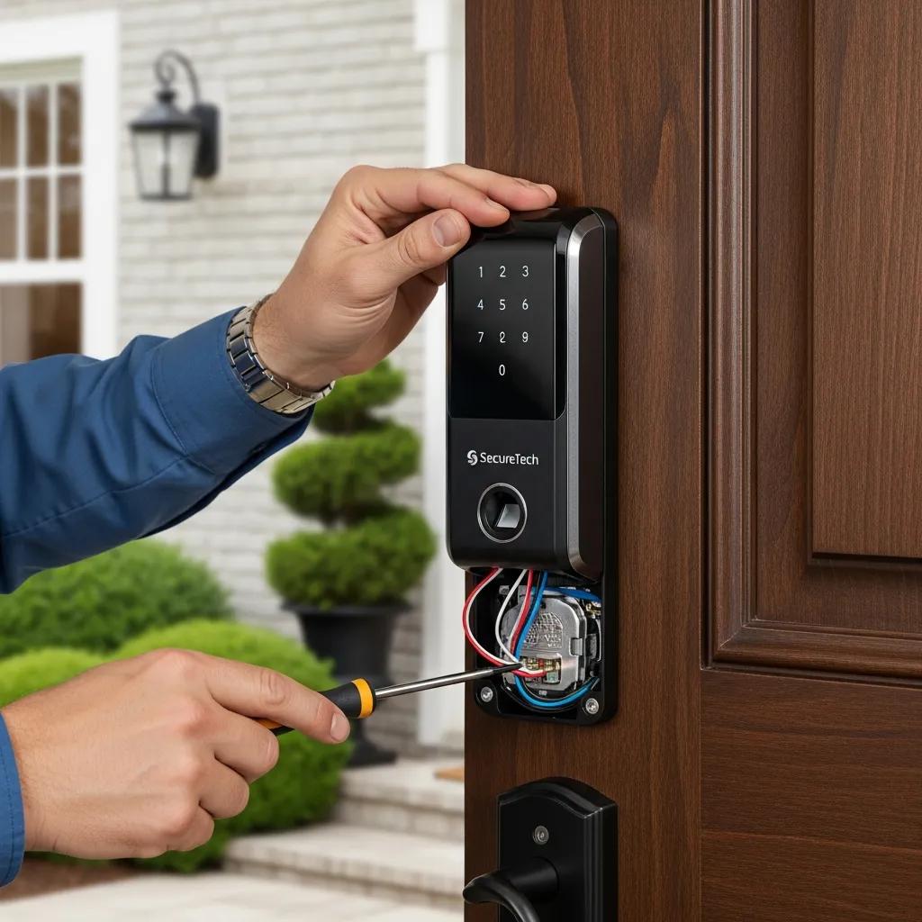 Local locksmith installing a smart lock on a Wilmington residential front door