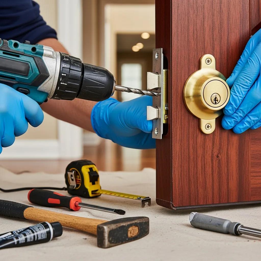 Technician fitting a high-security deadbolt on a front door