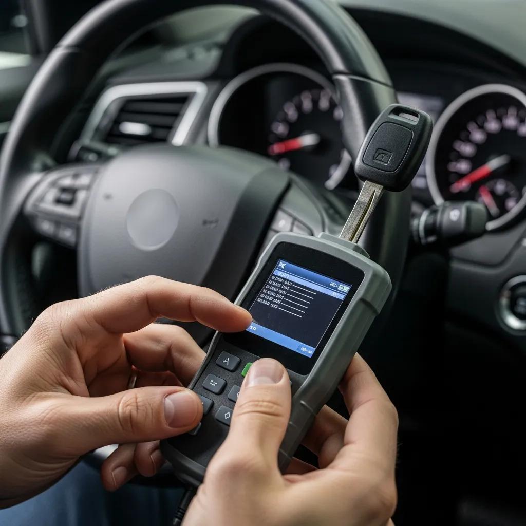 Technician programming a transponder key inside a vehicle &mdash; on‑site diagnostic and programming process