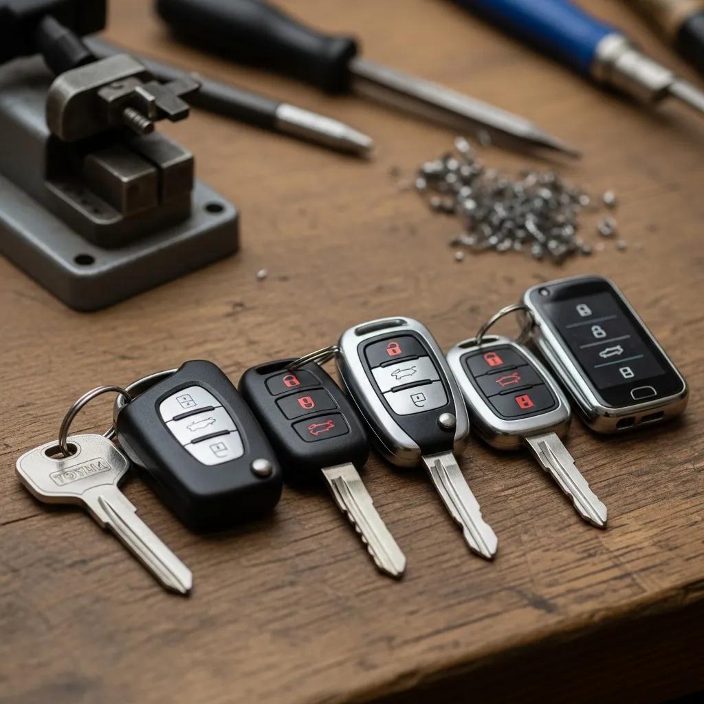 A selection of car keys and fobs on a table &mdash; examples of replacement and programming options